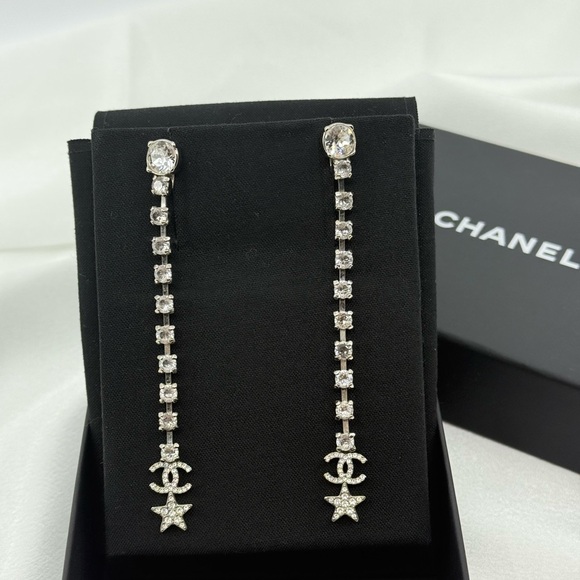 Chanel Long Silver Crystal Drop CC Star Earrings